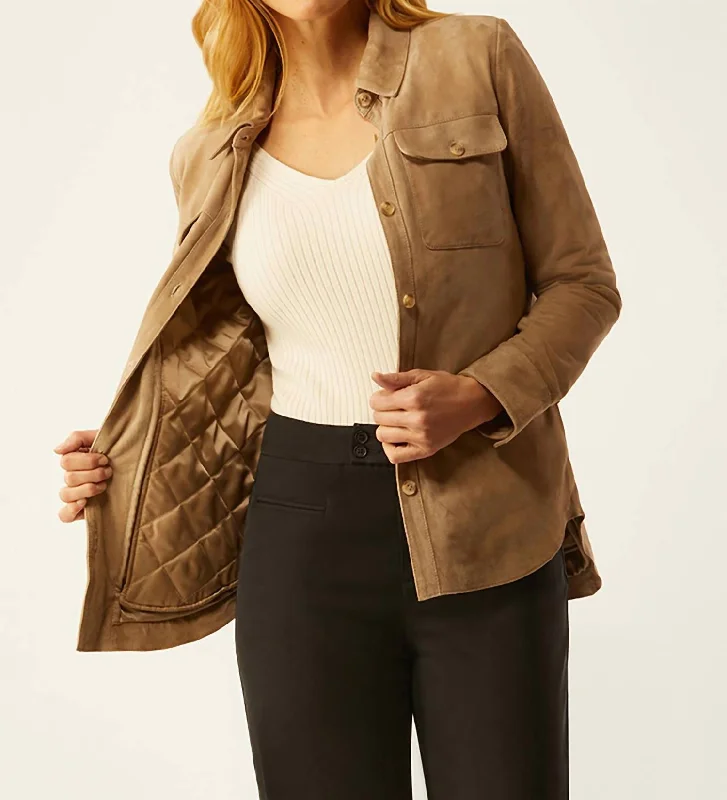 women’s kickboxing tees-Suede Shirt Jacket With Zip Out Liner In Camel