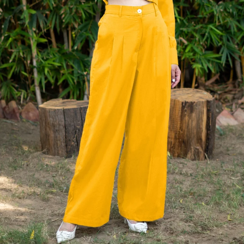 female satin-overlay tops-Yellow Cotton Poplin High-Rise Elasticated Pleated Wide Legged Pant