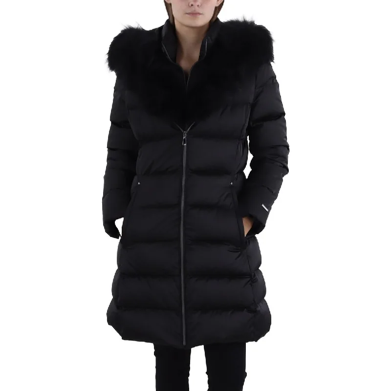 female flared mini tops-Tahari Womens Insulated Faux Fur Trim Puffer Jacket