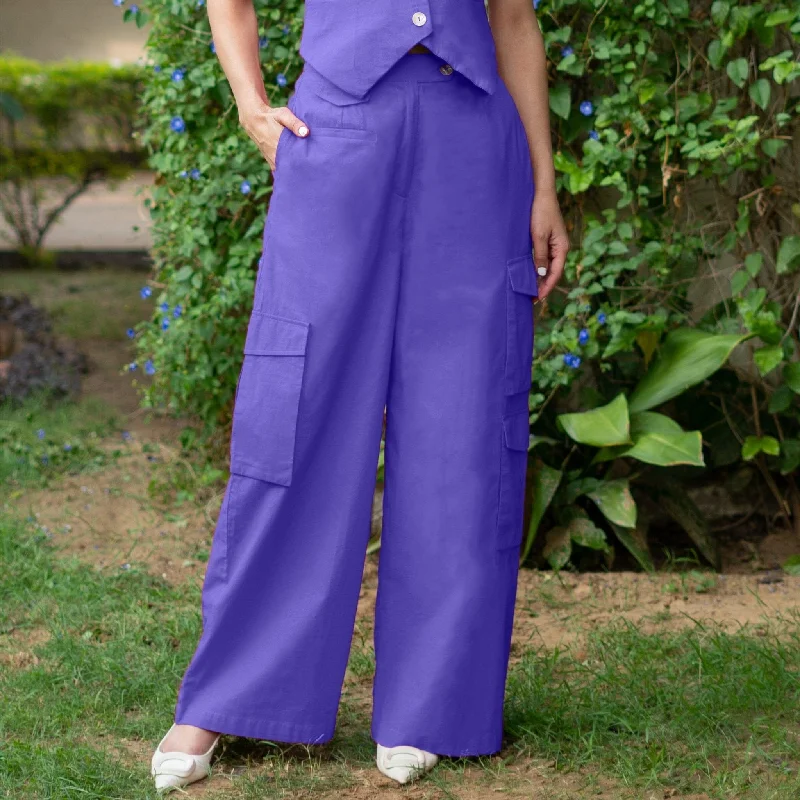 ladies satin vests-Royal Purple Cotton Poplin High-Rise Elasticated Wide Legged Cargo Pant