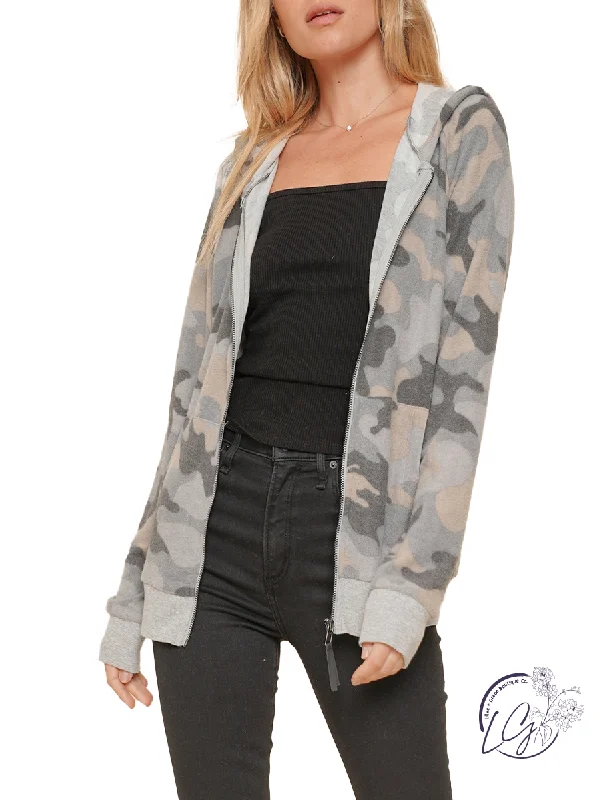 female tropical kaftans-Hidden Treasures Camo Zip-Up