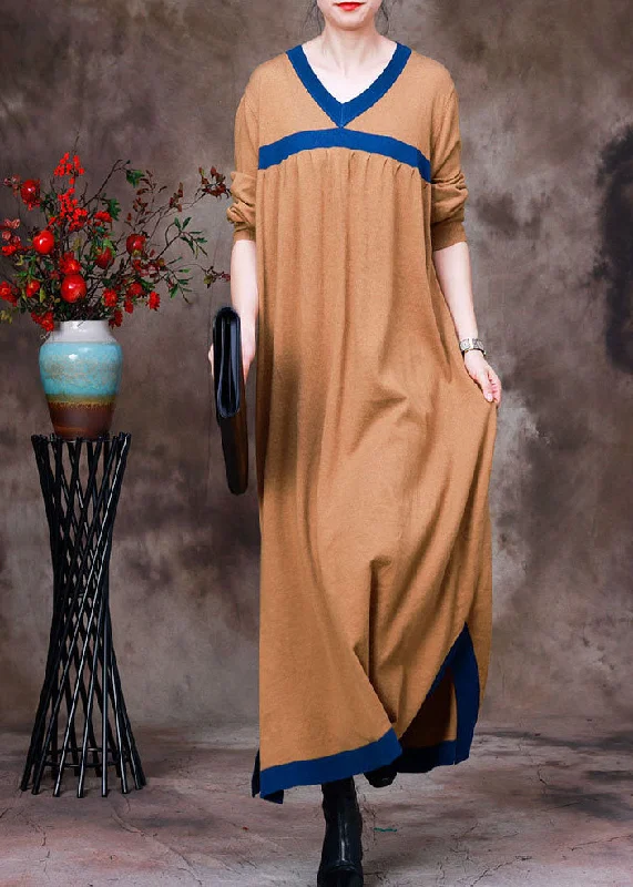 women’s faded jeans-Handmade Yellow V Neck Patchwork Wool Knit Dress Long Sleeve