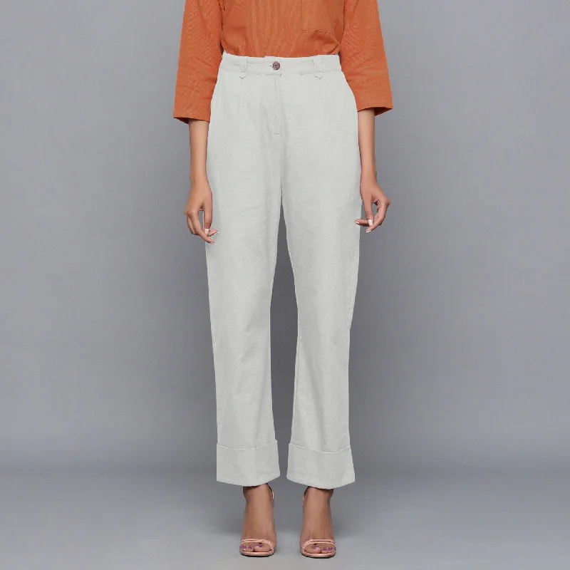 women’s madras tops-Cloudy Grey Warm Cotton Flannel Rolled-up Trouser