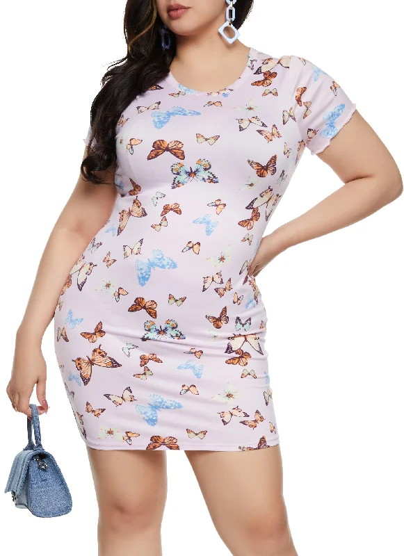 women’s aerobics shorts-Plus Size Butterfly Printed T Shirt Dress