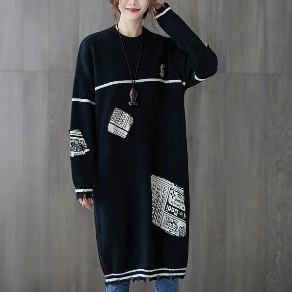 ladies chic outfits-long sleeve plus size knitted vintage for women casual midi autumn winter sweater dress