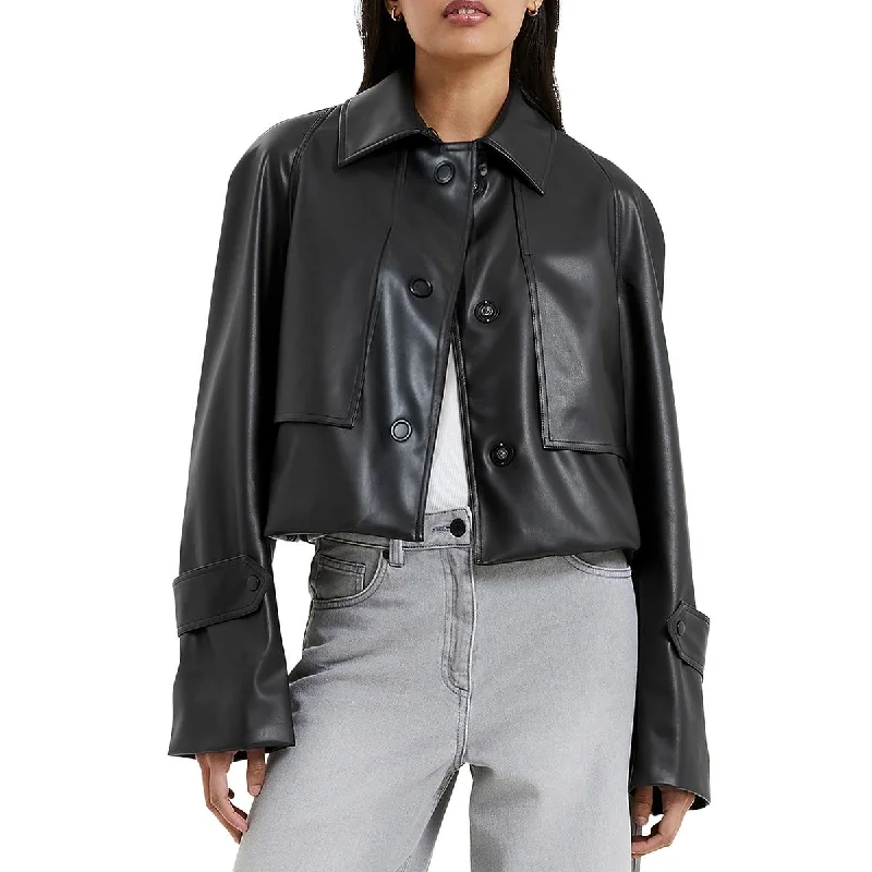 ladies tulle blouses-French Connection Womens Corlenda Faux leather Short Shirt Jacket