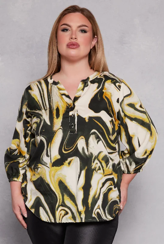 ladies flutter camis-Plus Size Swirl Marble Print Blouse