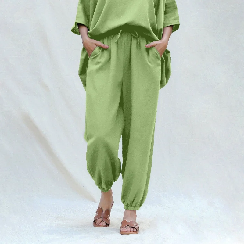 ladies draped tops-Green Cotton Flax High-Rise Elasticated Jogger Pant