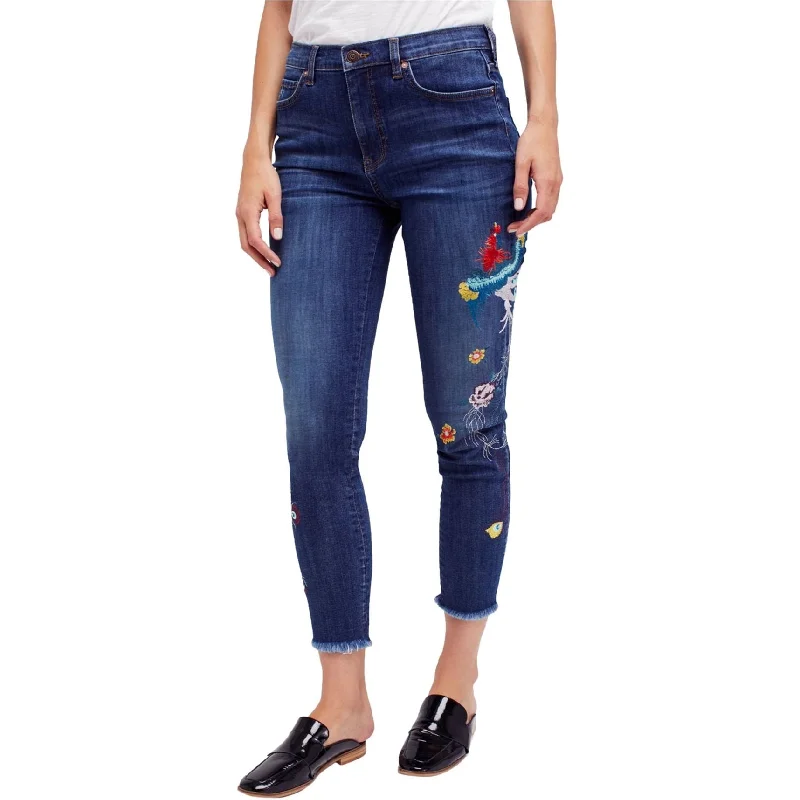 women’s rainproof bombers-Free People Womens Embroidered Skinny Fit Jeans, Blue, 24