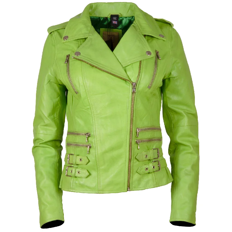 female denim tiered tops-AGSM Women's Biker Jacket - Parrot Green