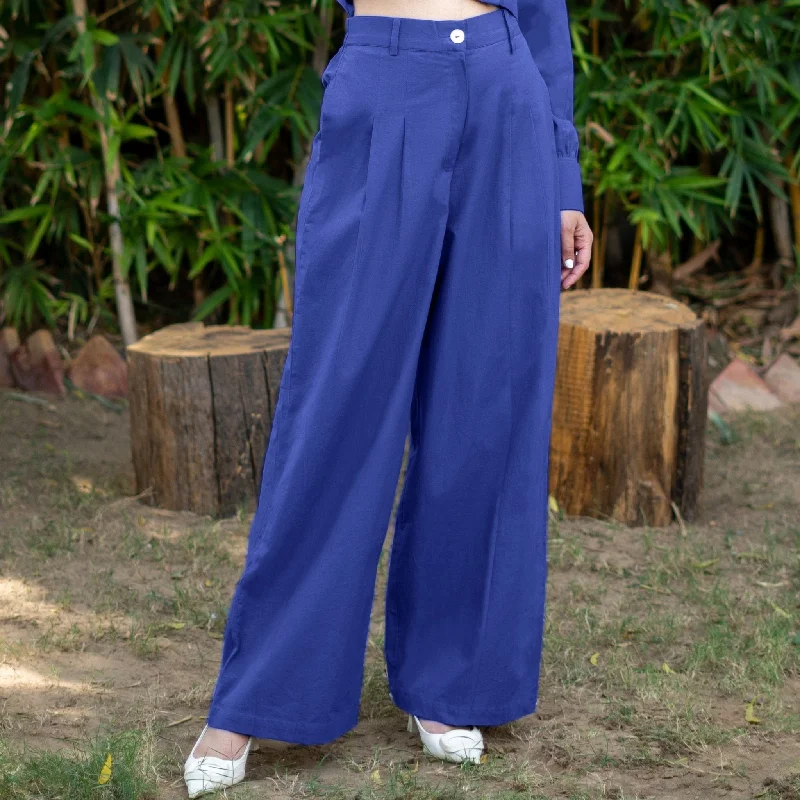 ladies taffeta jackets-Royal Blue Cotton Poplin High-Rise Elasticated Pleated Wide Legged Pant