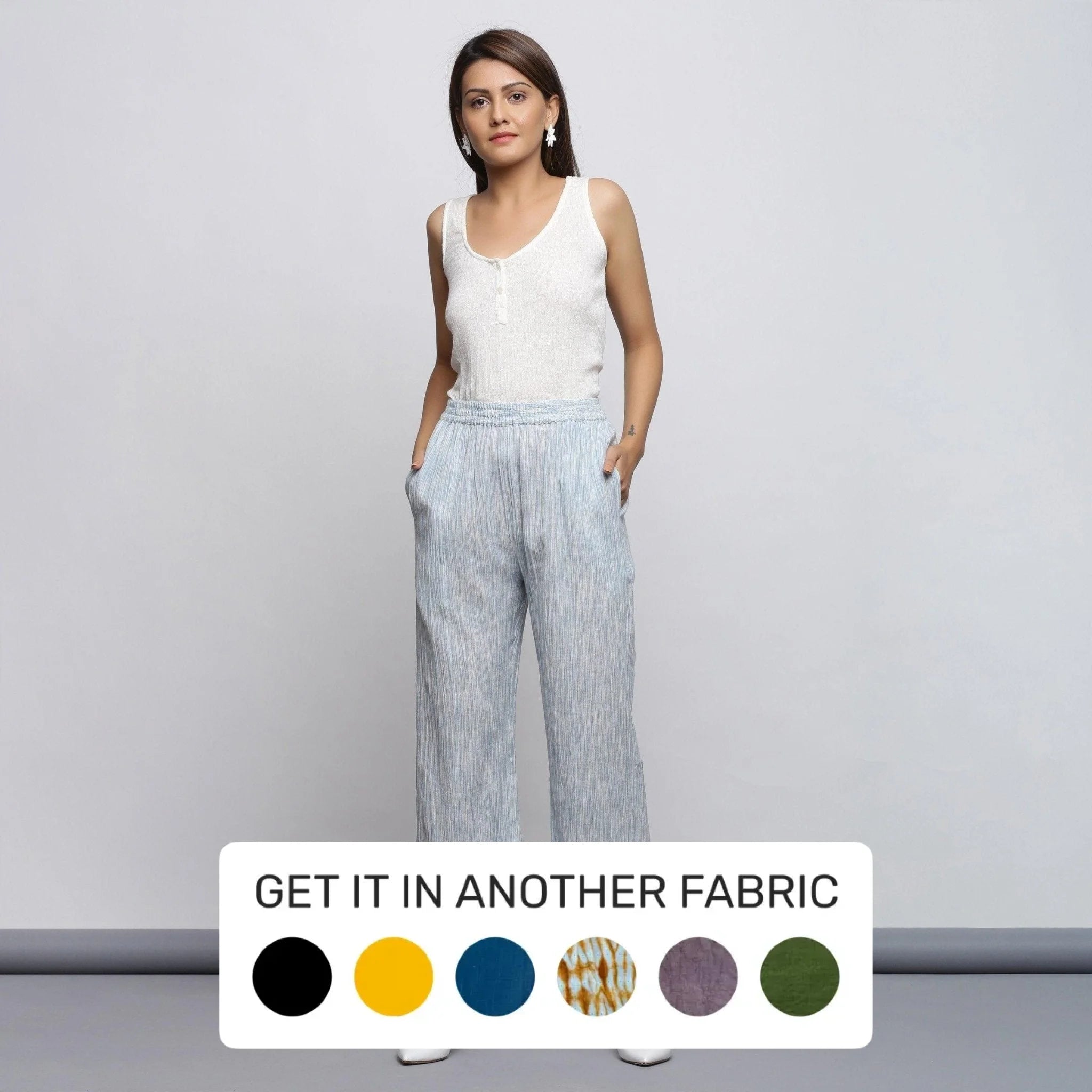 female jacquard-overlay tops-Sky Blue Elasticated Cotton Mid-Rise Wide Legged Pant