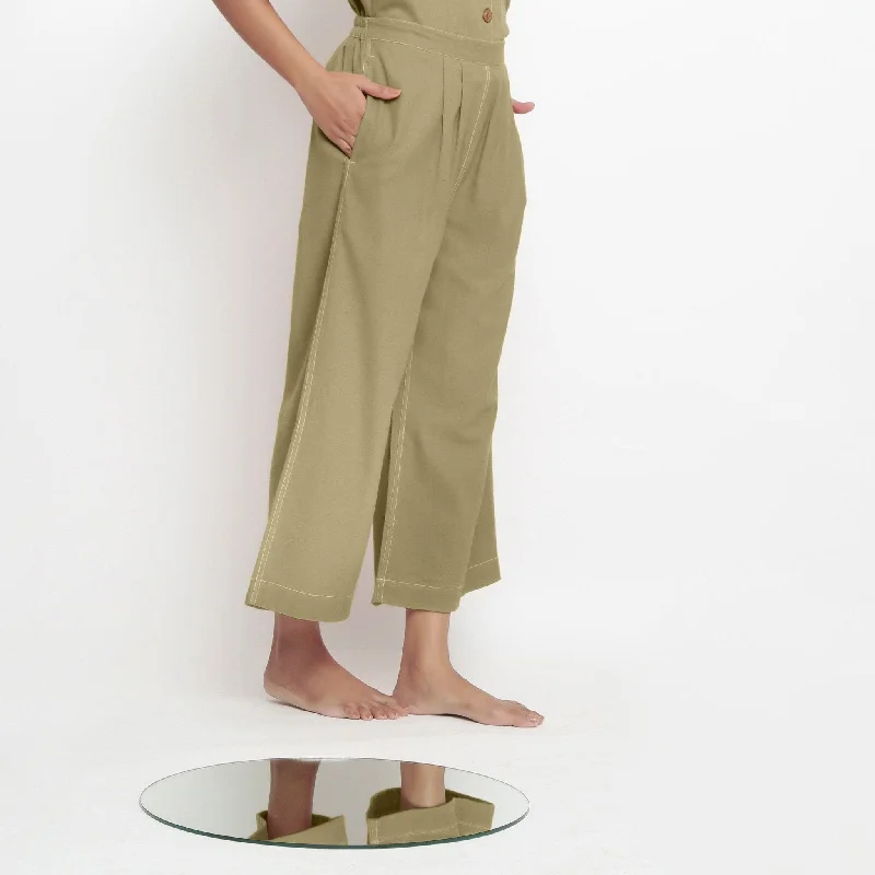 women’s relaxed chinos-Khakhi Green 100% Cotton Elasticated Wide Legged Pant