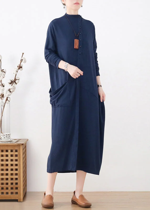 women’s cashmere jackets-Elegant Blue Turtleneck Button Pockets Cotton Knit Dress Long Sleeve