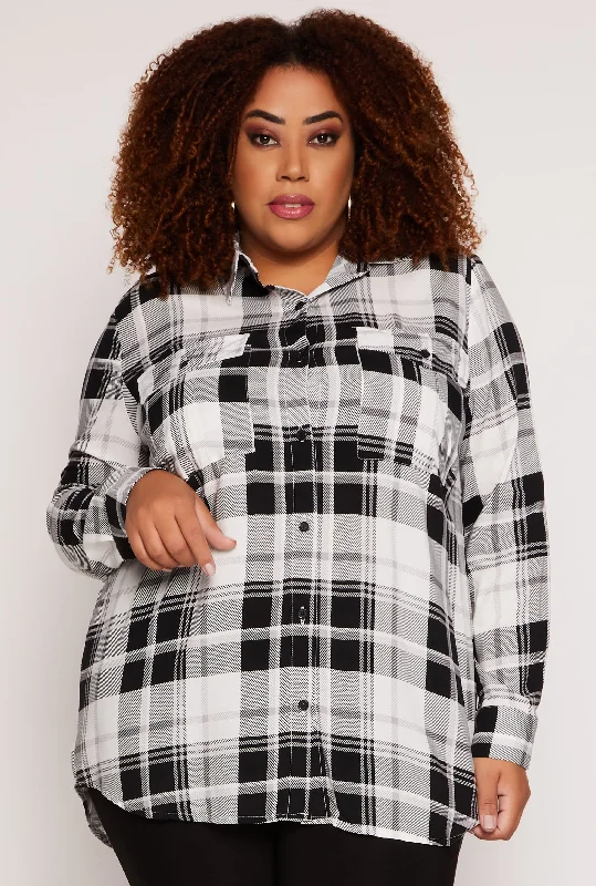 female tulle-trim tops-Plus Size Plaid Button Front Blouse