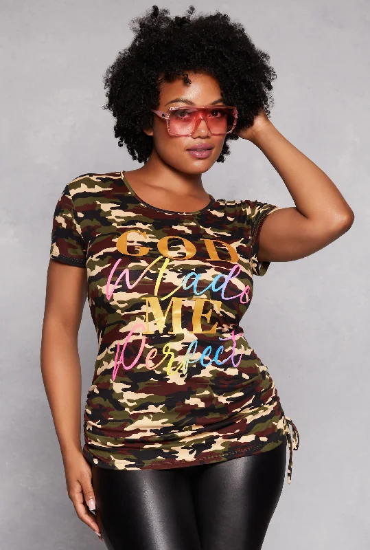 women’s kickboxing tanks-Plus Size Camo God Made Me Perfect Graphic Tee