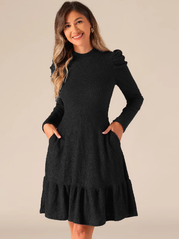 women’s cozy pullovers-Stretchy Puff Long Sleeve Ruffle Hem Knit Midi Sweater Dress