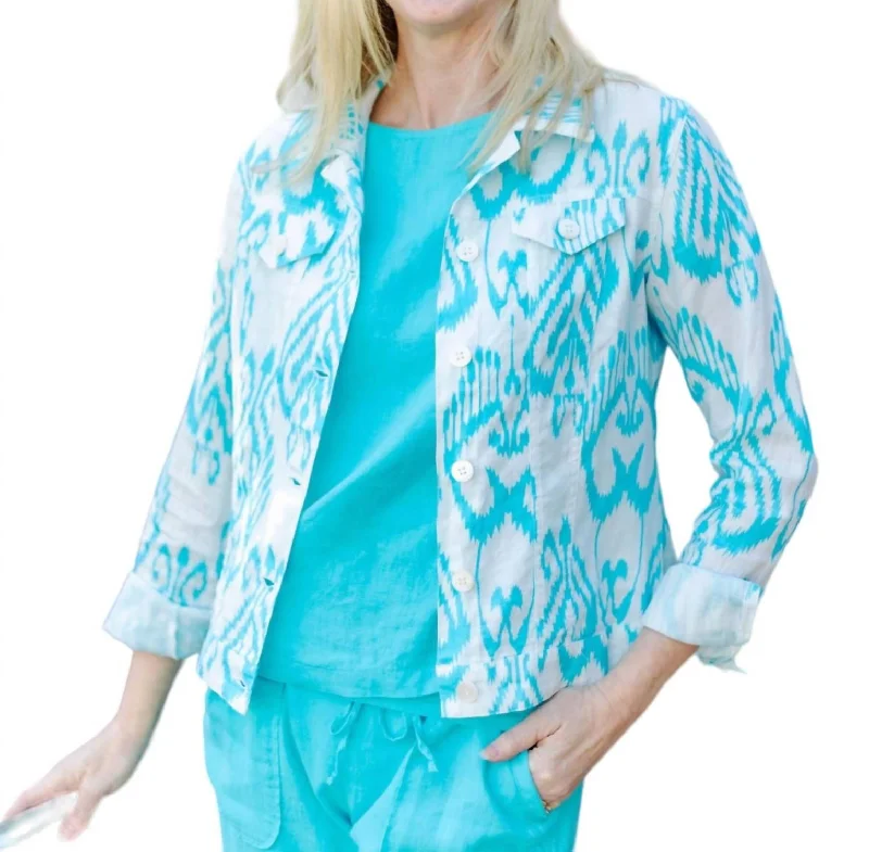 women’s draped pullovers-Print Jean Jacket In Turquoise