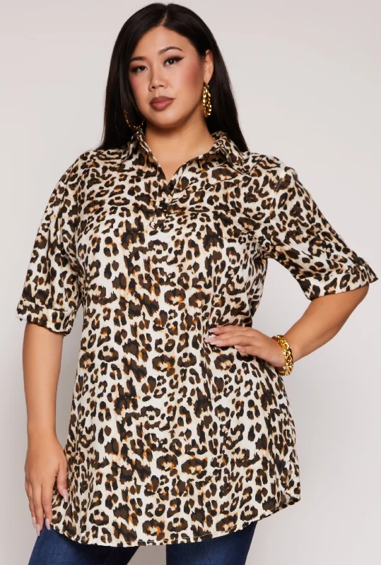 women’s merino coats-Plus Size Leopard Print Tunic Top