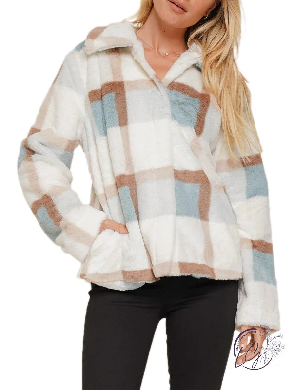 women’s gingham tops-On The Search Plaid Faux Fur Jacket