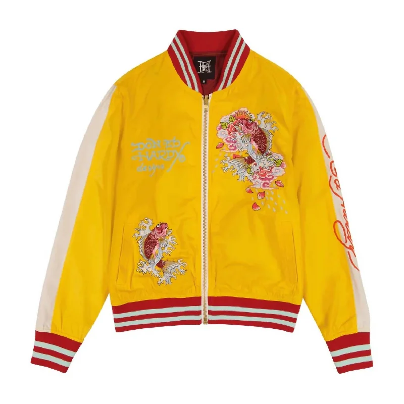 ladies velvet jackets-Women's Koi Cranes Souvenir Jacket In Gold White