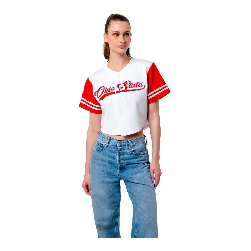 ladies flutter-sleeve blouses-Ladies Ohio State Buckeyes Baseball Script White Cropped Jersey