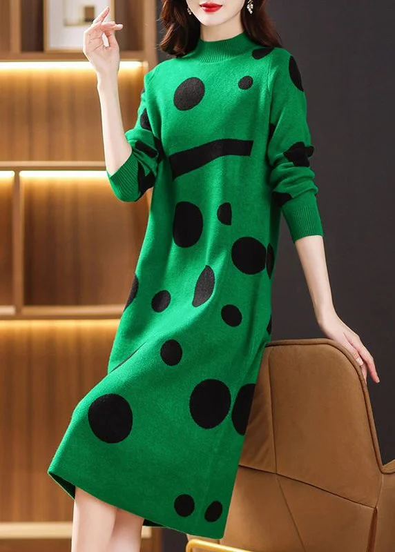 female denim smock tops-Green Dot Print Patchwork Knit Sweater Dress Turtleneck Long Sleeve