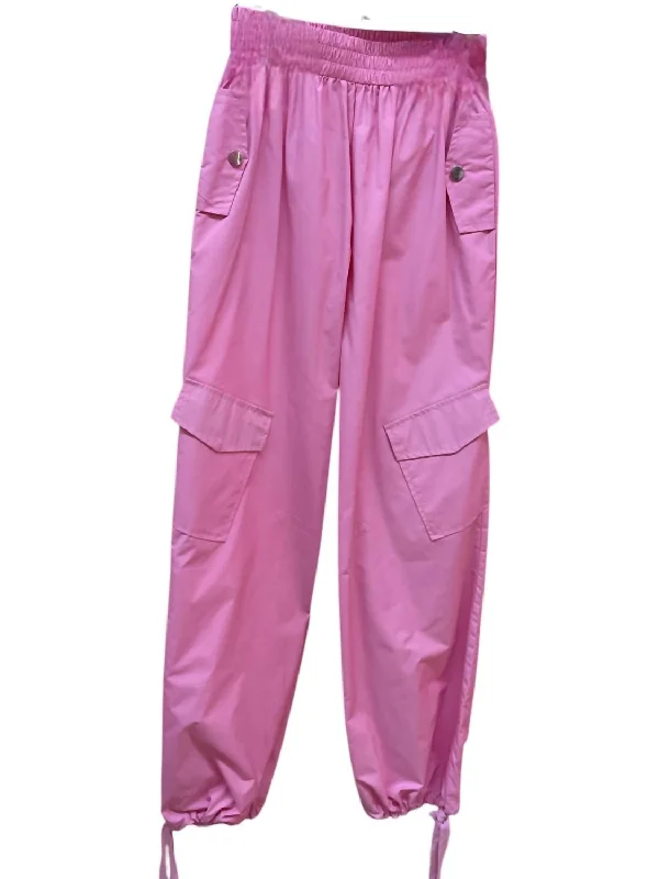 female satin-overlay blouses-Women's Cargo Parachute Pants In Candy Pink