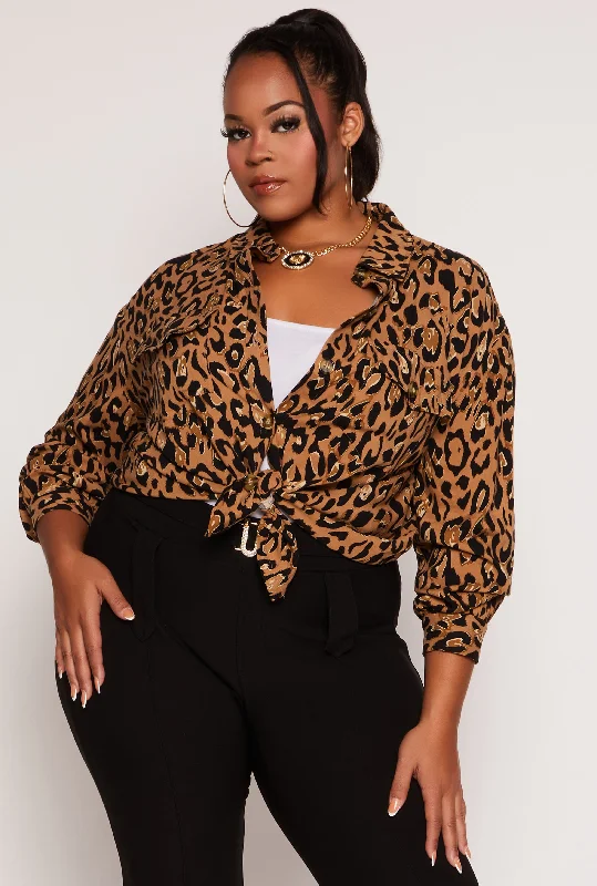 ladies braided sandals-Plus Size Animal Print Button Front Blouse