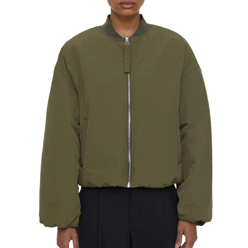 female chiffon-overlay tops-Puffer Bomber Jacket In Army