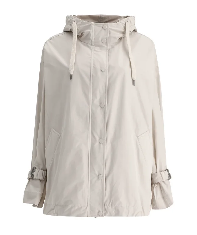 ladies sophisticated outfits-Brunello Cucinelli Women's Long Sleeved Drawstring Hooded Jacket In Yogurt