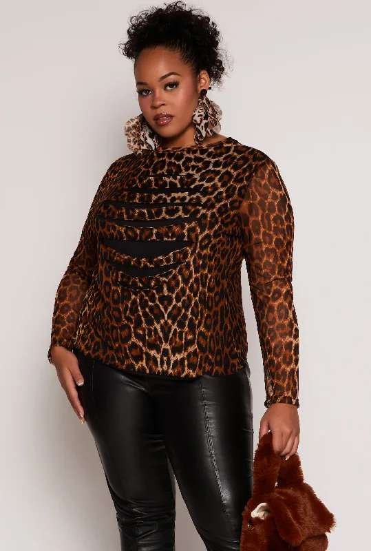 women’s checkered dresses-Plus Size Slashed Leopard Print Mesh Top