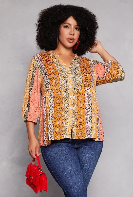 female lakeside wraps-Plus Size Border Print Boho Top