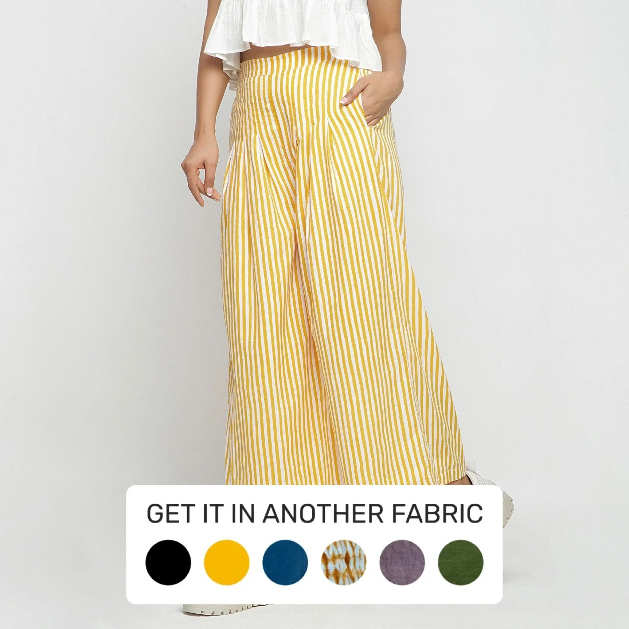 female tulle-trim blouses-Yellow Striped Hand Screen Print Elasticated Wide Legged Cotton Pant