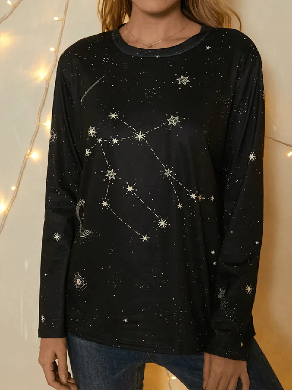 female jacquard-overlay tops-Women Gemini Print Stars Moon O-Neck Long Sleeve Casual T-Shirt