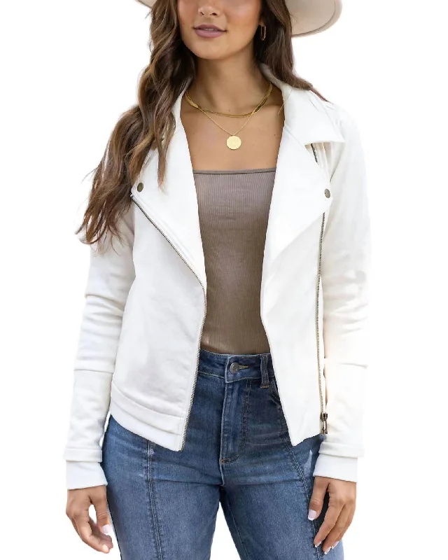 female tropical tunics-Move Free Leather-Like Moto Jacket In Cream