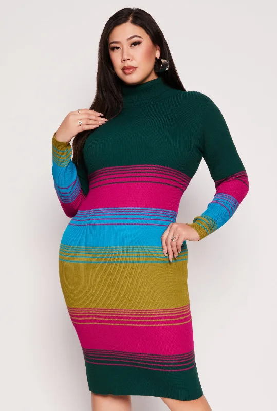 ladies celebration dresses-Plus Size Almost Famous Color Blocked Striped Sweater Dress