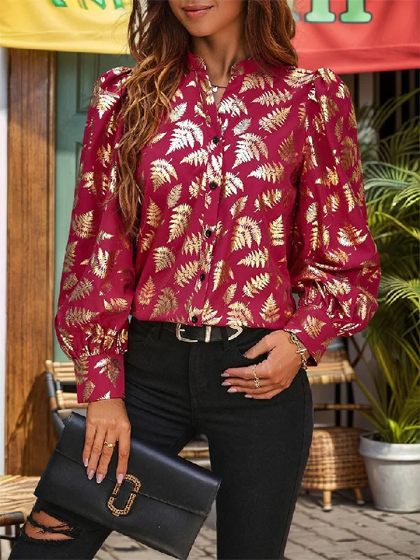 ladies polished attire-Printed Notched Long Sleeve Shirt