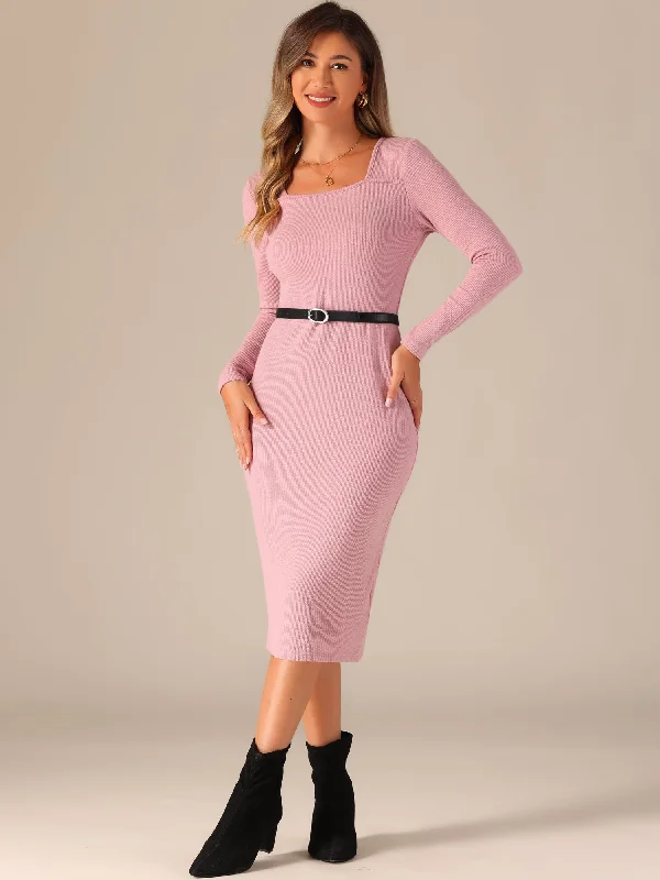 ladies flutter camis-Square Neck Belted Bodycon Stretch Ribbed Long Sleeve Midi Sweater Dress