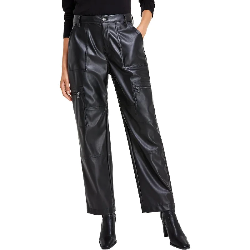 ladies recital dresses-DKNY Jeans Womens Faux Leather Trim Zip Pockets Cargo Pants