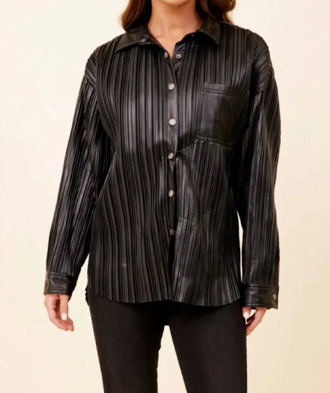 ladies trendy outfits-Pleated Faux Leather Jacket In Black