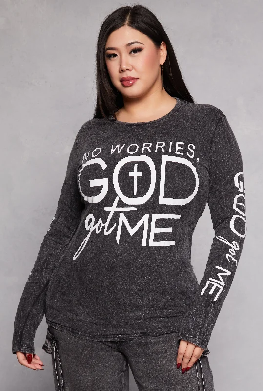 female tropical kaftans-Plus Size God Got Me Acid Wash Graphic Tee