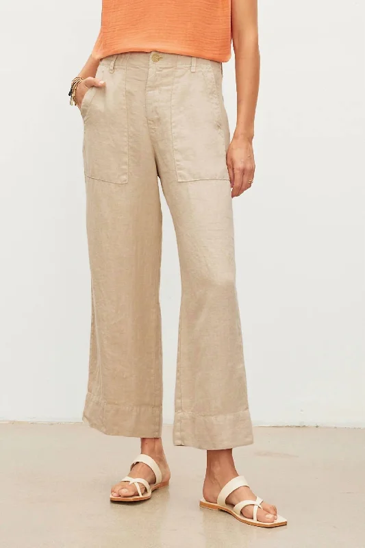 female denim bubble skirts-Dru Heavy Linen Pant In Khaki