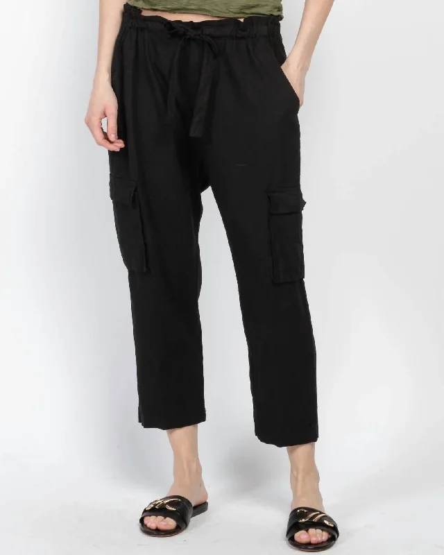 women’s smocked tanks-Linen Paperbag Cargo Pant In Black