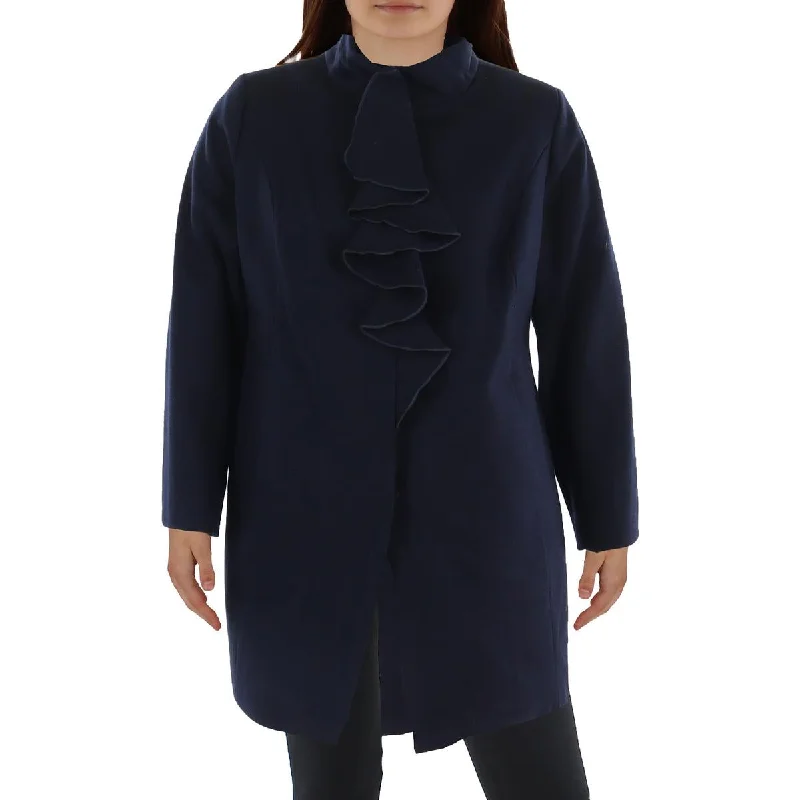 women’s ribbed pullovers-Tahari Womens Plus Wool BLend Ruffled Walker Coat