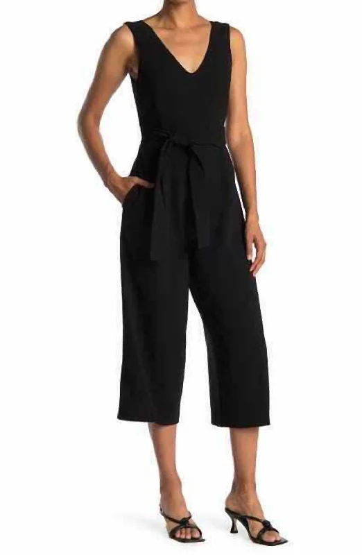 women’s seersucker skirts-Torela Crop Wide Leg Waist Tie Jumpsuit In Black