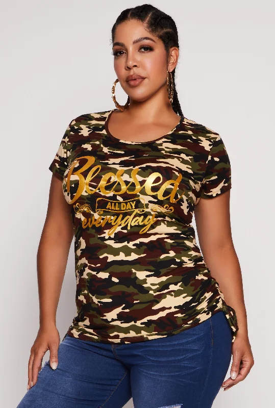 ladies celebration gowns-Plus Size Camo Blessed All Day Everyday Graphic Tee