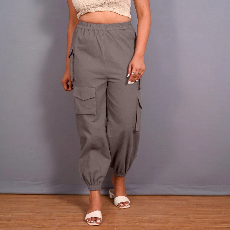 women’s boat-neck sweaters-Grey Warm Cotton Flannel Elasticated Cargo Jogger Pant