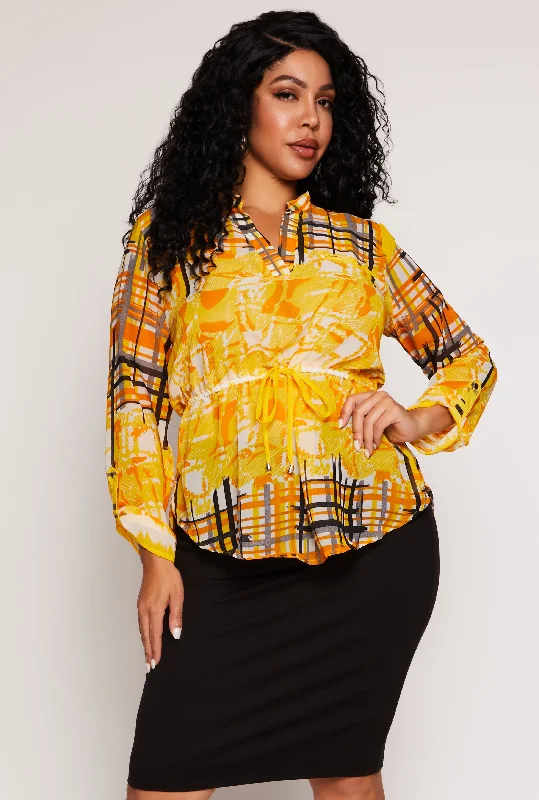 women’s plush pullovers-Plus Size Plaid Printed Tie Waist Top