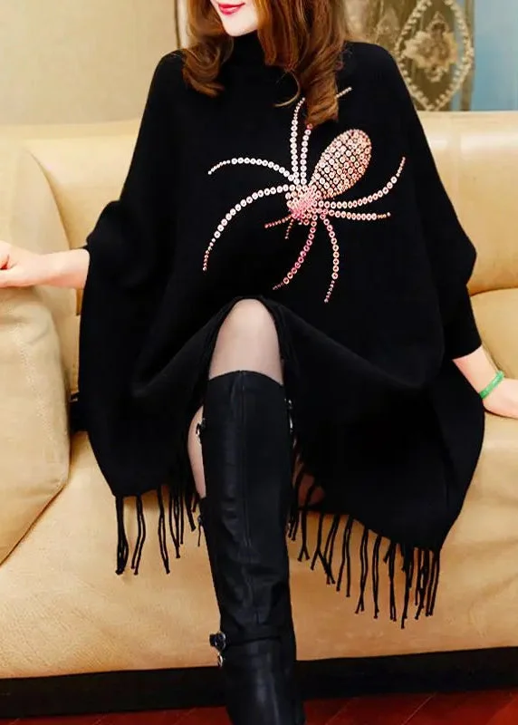 female tropical tops-Fine Black Turtleneck Tassel Long Knit Sweater Dress Winter